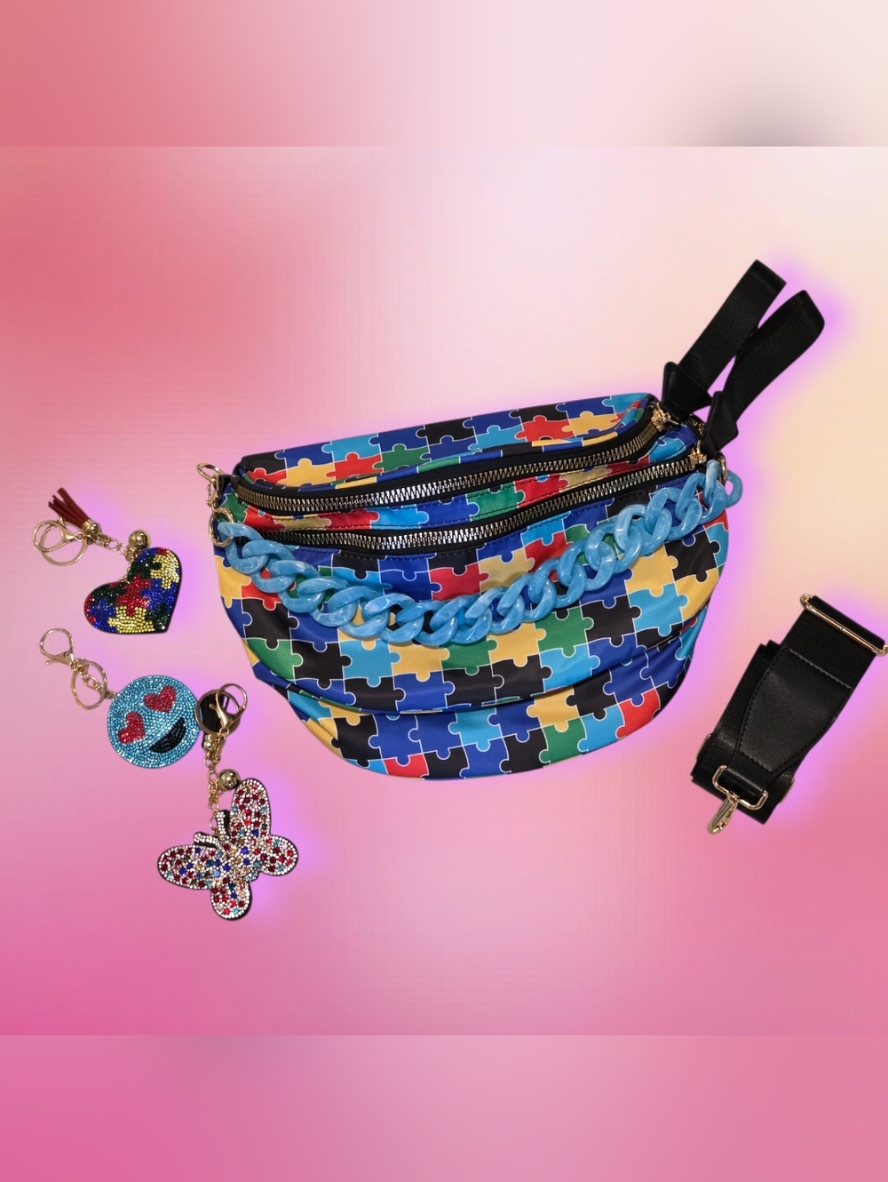 Bum Bag Bundle | Autism Awareness Nylon Crossbody +Acrylic Chain & 3 Bag Charms